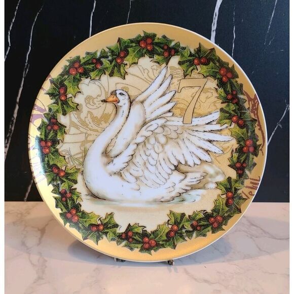 Pottery Barn 12 Days Of Christmas Dessert Plate, 7 Swans A-Swimming, Day 7 EUC - Picture 1 of 4
